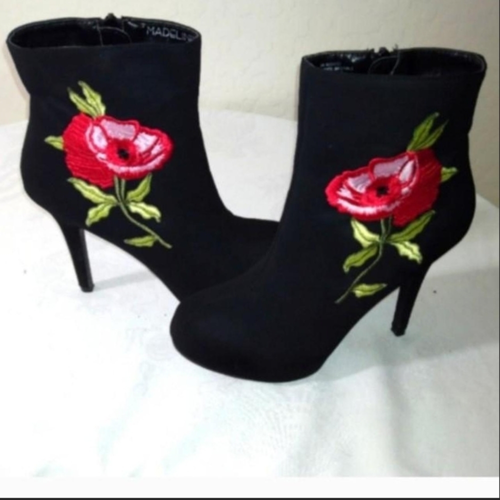 Madeline Black Heeled Boots with Red Floral Design